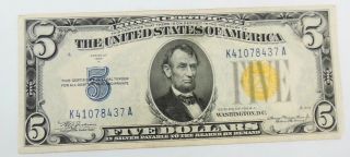 1934 A Us $5 Yellow Seal Silver Certificate North Africa Paper Note 437a