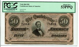 T - 66 1864 $50 Confederate States Of America - Pcgs About 53ppq