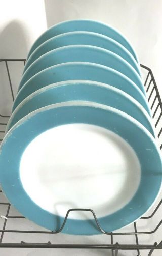 Pyrex 8 " Plates White Milk Glass Turquoise Blue Band Mid Century Vintage 6