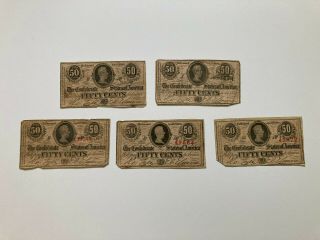 Five Old Confederate States Of America 50 Cent Bills - Richmond 1863 - 1864