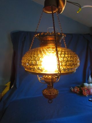 Vintage Fenton Hobnail Amber Glass Hurricane Hanging Ceiling Lamp Light Hardwire