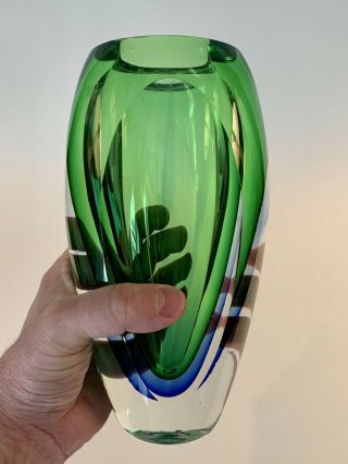 Mid - Century Murano Sommerso Faceted Glass Vase Green/blue,  Op Art,  Modern,  Heavy