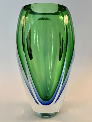 Mid - Century Murano Sommerso Faceted Glass Vase Green/Blue,  Op Art,  Modern,  Heavy 2