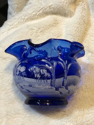 Fenton Art Glass Cobalt Canaan Valley Round Vase,  Handpainted D Fredick,