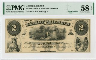 1860 $2 The Bank Of Whitfield In Dalton,  Georgia Note - Pmg Ch.  Au 58 Epq