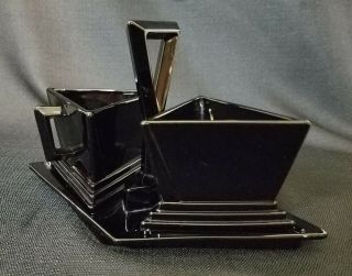 RARE Martinsville Black Amethyst Glass Art Deco Creamer And Sugar Set 2