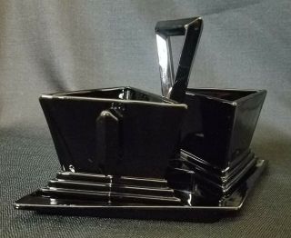 RARE Martinsville Black Amethyst Glass Art Deco Creamer And Sugar Set 3