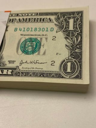 100 uncirculated $1 One Dollar Bills 2003 York B/D block.  consecutive 2
