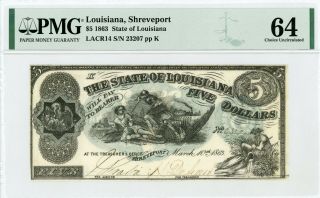 1863 Cr.  14 $5 State Of Louisiana " South Strikes Down Union " Note - Pmg Ch.  Cu 64