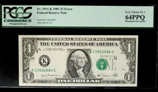1981 $1 Federal Reserve Note Misaligned Overprint Error - Pcgs 64 Very Choice