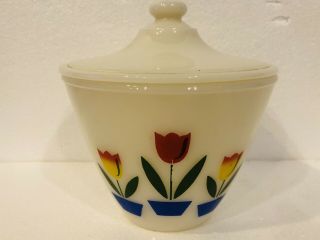 Vintage Mid Century Fire King Tulip Grease Bowl Jar With Lid 4.  5 " Tall