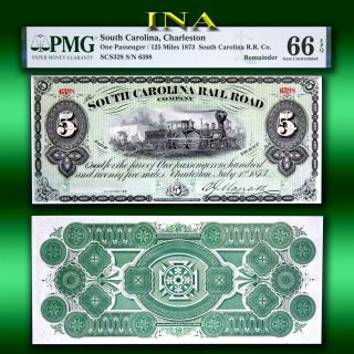 State Of South Carolina 1873 $5 Currency Gem Unc Pmg 66 Epq Vivid Color