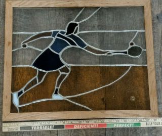 Vintage Stained Glass Female Tennis Player Sun Catcher Art Glass Window Panel