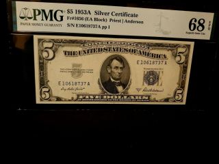 Ultra Scarce Top Pop Fr.  1656 1953 A $5 Silver Certificate,  Pmg 68 Epq 3