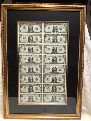 Framed Uncut Full Sheet 16 Us $1 Dollar Bills Series 1995 Real Currency