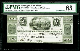 1837 - 39 Ann Arbor,  Michigan $2 Dollar Bank Of Washtenaw Note Pmg Choice Unc 63