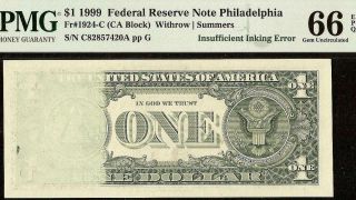 Gem 1999 $1 Dollar Insufficient Inking Error Note Paper Money Pmg 66 Epq