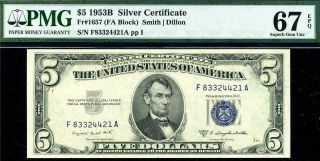 Hgr Saturday 1953b $5 Silver Certificate ( (trophy Grade))  Pmg Gem 67epq