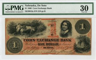 1860 $1 The Corn Exchange Bank - De Soto,  Nebraska Note Pmg Very Fine 30
