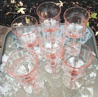 Set Of 6 Vintage Pink Floral Etched Depression Glass Wine Goblets 7”