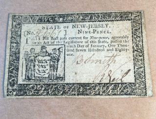 Circulated Jersey Colonial Currency 9 Pence Note January 9,  1781