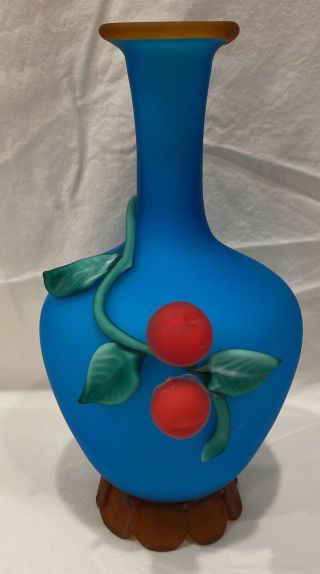 Antq Stevens & Williams Satin Blue Art Glass Vase Applied Cherries On Vine
