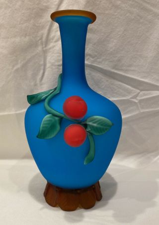 ANTQ Stevens & Williams Satin Blue Art Glass Vase APPLIED Cherries on Vine 2