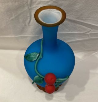 ANTQ Stevens & Williams Satin Blue Art Glass Vase APPLIED Cherries on Vine 3