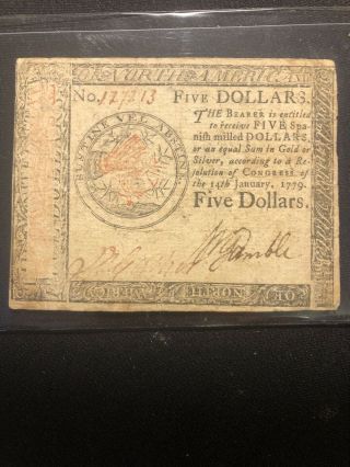 Continental Currency Jan 14 Th 1779 Five Dollars