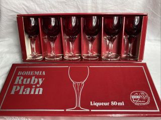 Hand Made Bohemia Ruby Plain Liqueur Glasses Set Of 6 50ml Czechoslovakia