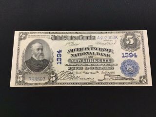 1902 $5 Five Dollar Bill American Exchange Bank Of York City Charter 1394