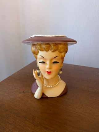 Mid - Century Lady Head Planter With Earrings And Necklace