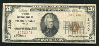 1929 $20 The First National Bank Of Wichita Falls,  Tx National Currency Ch 3200