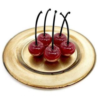 Murano Glass Cherries,  Crafted Glass Art,  Decorative Glass Fruit,  Set Of 5