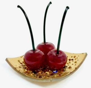 Murano Glass Cherries,  Crafted Glass Art,  Decorative Glass Fruit,  Set of 5 2