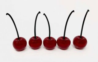 Murano Glass Cherries,  Crafted Glass Art,  Decorative Glass Fruit,  Set of 5 3