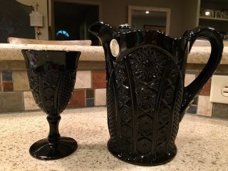 2 - Pc Tiara Indiana Glass Monarch Ebony Black Glass Pitcher & Wine Glass Goblet.