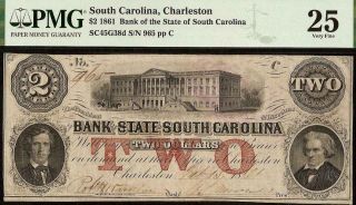 1861 $2 Two Dollar South Carolina Bank Note Large Currency Old Paper Money Pmg