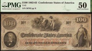 1862 $100 Dollar Confederate States Civil War Hoer Note No Ip Stamps T - 41 Pmg 50
