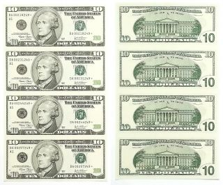 2003 $10 Star 4 Note Uncut Sheet Boston District Fr 2037 - A Uncirculated 249