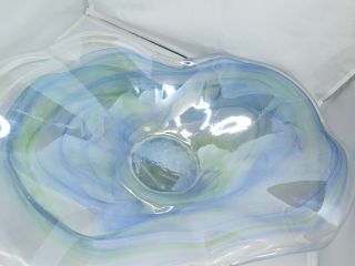 Large Art Glass Centerpiece Platter Blue Green Waffle Bottom 17 " X 11 "