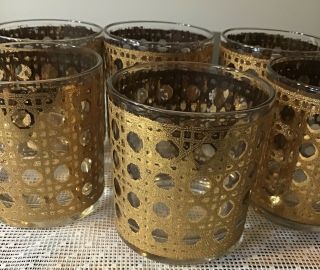 Six Culver Mid Century 22k Gold Canella Pattern Low Ball Glasses/tumblers