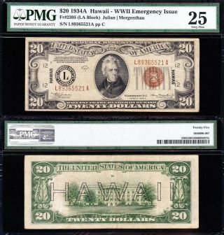 Bold & Crisp Vf,  1934 A $20 Hawaii Fed Reserve Note Pmg 25 L89365521