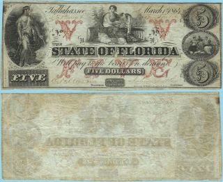 1864 The State Of Florida $5 Obsolete Currency Note Cr 34 Vf,  R5 73