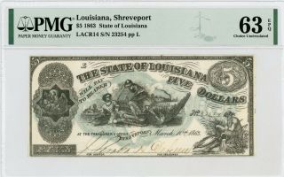 1863 Cr.  14 $5 State Of Louisiana " South Strikes Down Union " Note - Pmg 63 Epq