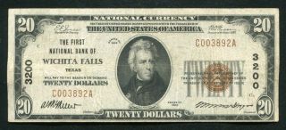1929 $20 The First National Bank Of Wichita Falls,  Tx National Currency Ch.  3200