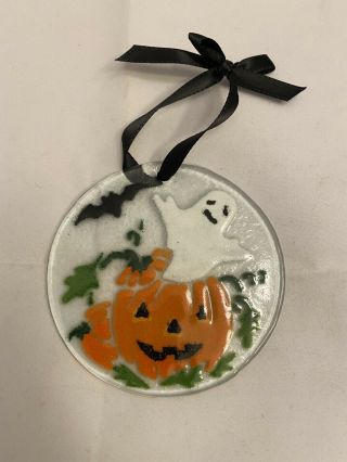 Peggy Karr Signed Fused Art Glass Ghost Pumpkin Round Halloween Ornament