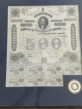 $500 Confederate Bond,  1863 With 7 Coupons,  Commemorative Coin/framed