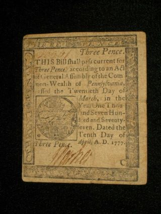 Us Pa State Currency - 3 Pence - April 10,  1777 Pa - 209 (cc - 245)