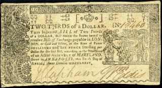 Hgr Sunday 1774 $2/3 Colonial Maryland ( (pre Revolutionary War))  Awesome Grade